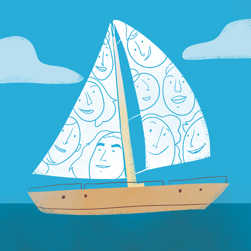An illustration of a sailboat with faces drawn on sails